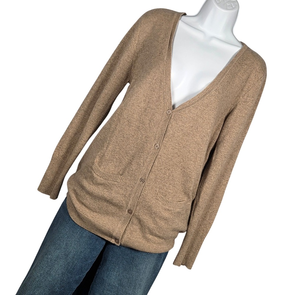 Garnet Hill Womens Medium Cardigan Sweater Tan Cashmere Silk Split Back